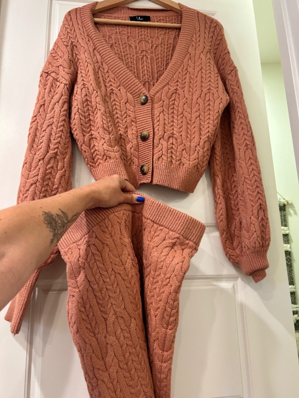 Lulus Coral Cable Knit V-Neck Cardigan and Pants Set
